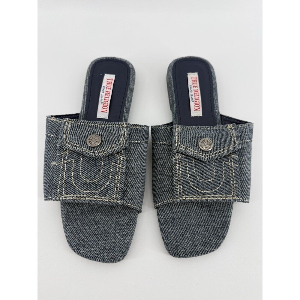 True Religion Womens Denim Jean Pocket Sandals Size 7 NWT